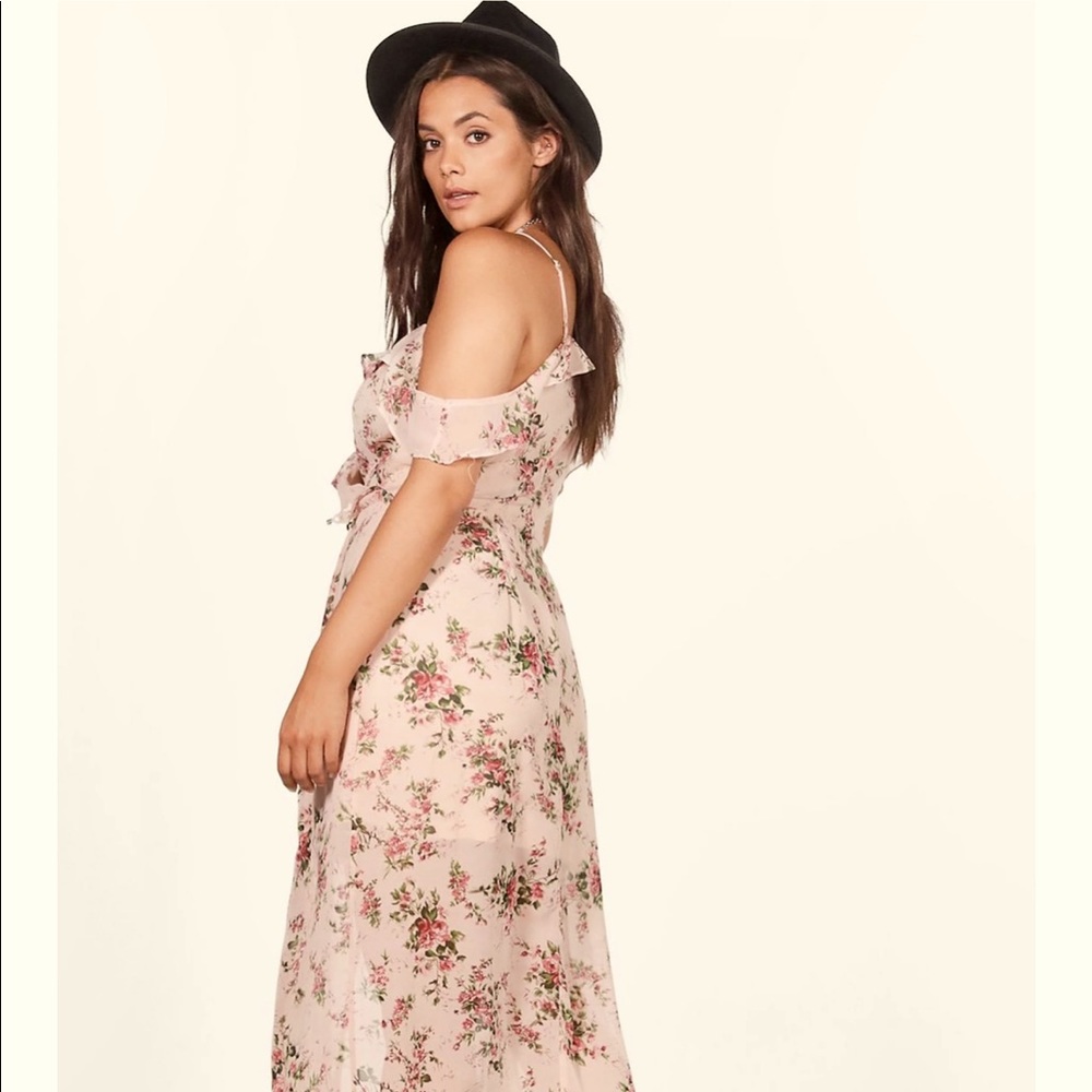 Floral open shoulder hi low boohoo dress